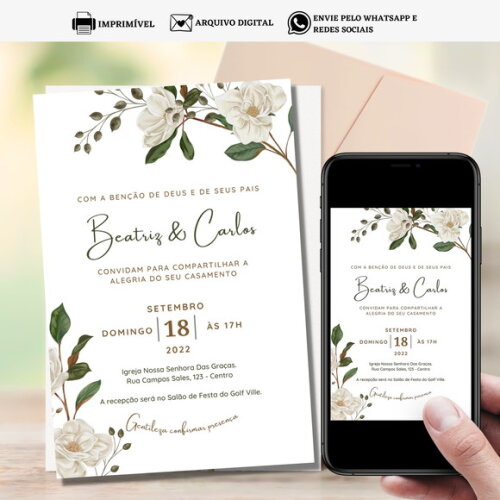 Convite Casamento Arte Digital para Imprimir Floral Flores