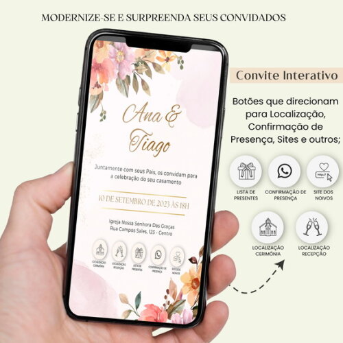 Convite Casamento Digital Interativo Virtual Floral Links