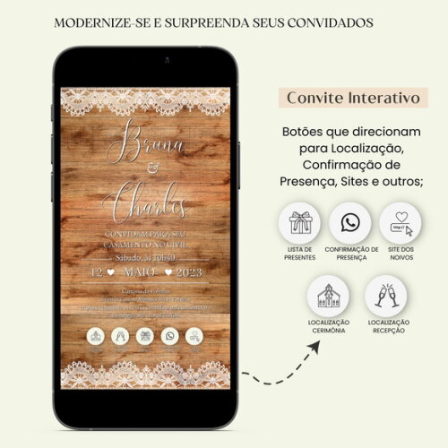 Convite Casamento Digital Interativo Virtual Rústico Links