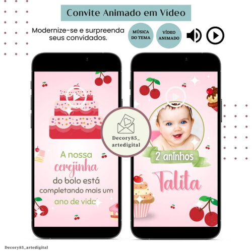 Convite Cereja Cerejinha em Vídeo Animado com Música Digital