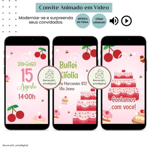 Convite Cereja Cerejinha em Vídeo Animado com Música Digital