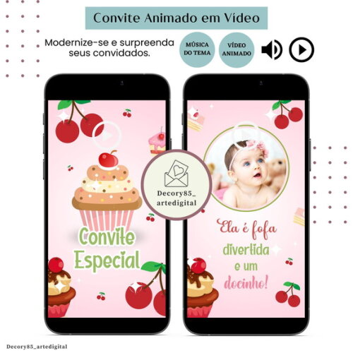 Convite Cereja Cerejinha em Vídeo Animado com Música Digital