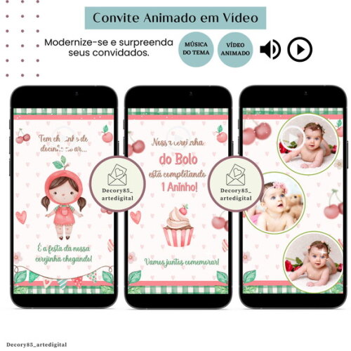 Convite Cereja Cerejinha em Vídeo Animado com Música Digital