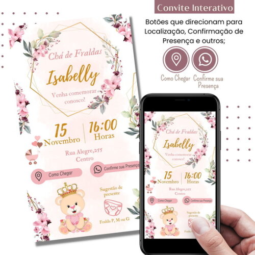 Convite Chá Bebê Chá de Fraldas Digital Interativo Virtual