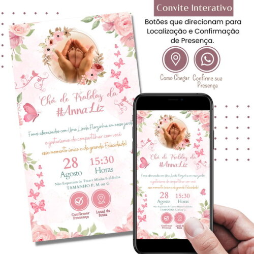 Convite Chá Bebê Chá de Fraldas Jardim Digital Interativo