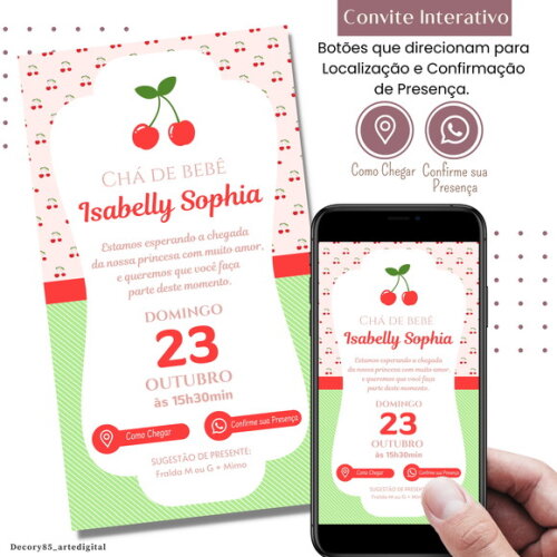 Convite Chá Bebê Fraldas Cerejinha Digital Interativo