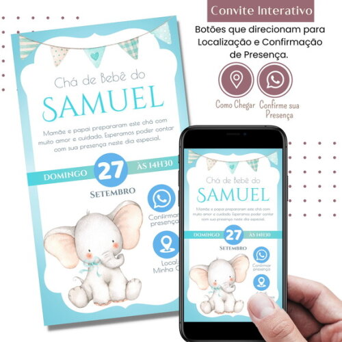 Convite Chá Bebê Fraldas Elefantinho Azul Digital Interativo