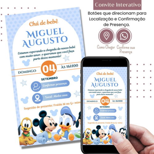 Convite Chá Bebê Fraldas Mickey Baby Digital Interativo