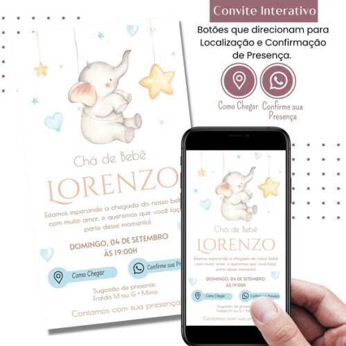 Convite Chá Bebê Fraldas Elefantinho Digital Interativo