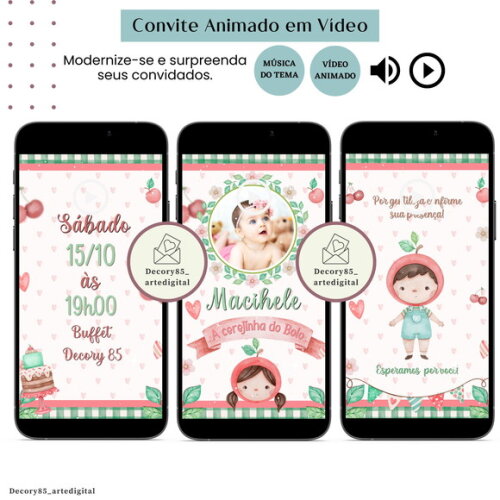 Convite Cereja Cerejinha em Vídeo Animado com Música Digital