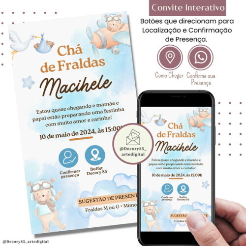 Convite Chá Bebê Fraldas Urso Aviador Digital Interativo