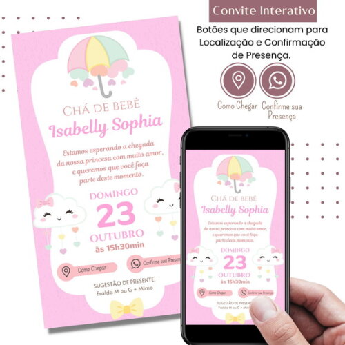 Convite Chá Bebê Fraldas Nuvem de Amor Digital Interativo