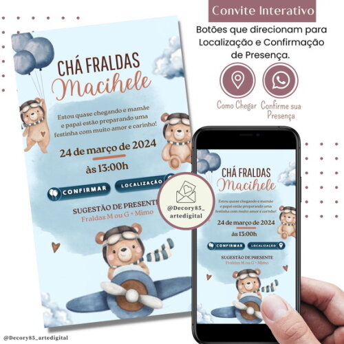 Convite Chá Bebê Fraldas Urso Aviador Digital Interativo