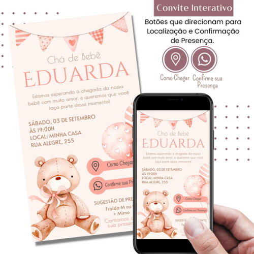 Convite Chá Bebê Fraldas Ursinha Rosa Digital Interativo
