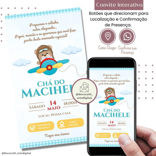 Convite Chá Bebê Fraldas Urso Aviador Digital Interativo