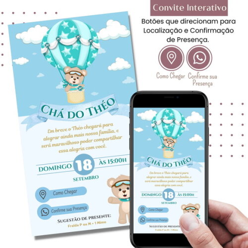 Convite Chá Bebê Fraldas Urso Balão Azul Digital Interativo
