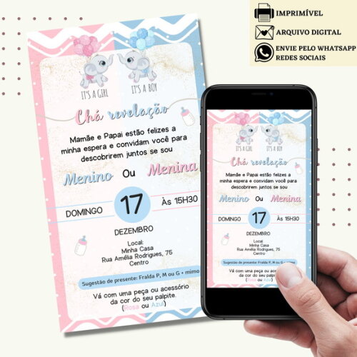 Convite Chá de Bebê Chá de Fraldas Revelação Digital Virtual
