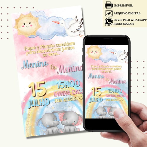 Convite Chá de Bebê Chá de Fraldas Revelação Digital Virtual