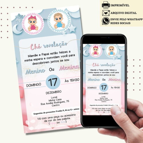 Convite Chá de Bebê Chá de Fraldas Revelação Digital Virtual