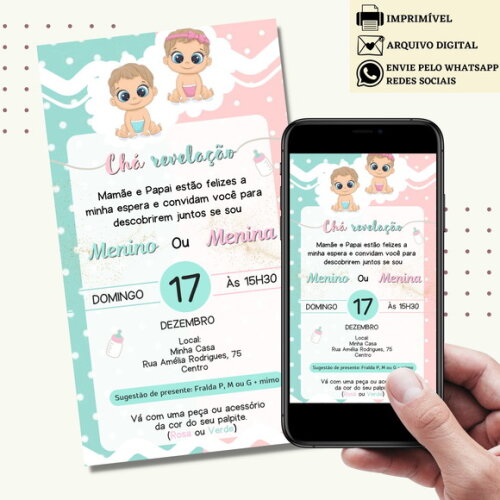Convite Chá de Bebê Chá de Fraldas Revelação Digital Virtual
