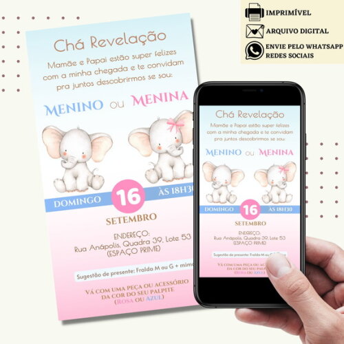 Convite Chá de Bebê Chá de Fraldas Revelação Digital Virtual