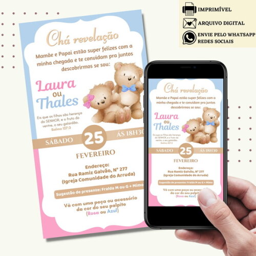 Convite Chá de Bebê Chá de Fraldas Revelação Digital Virtual