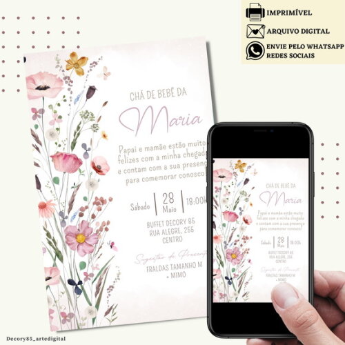Convite Chá de Bebê Fraldas Jardim Flores Digital Virtual