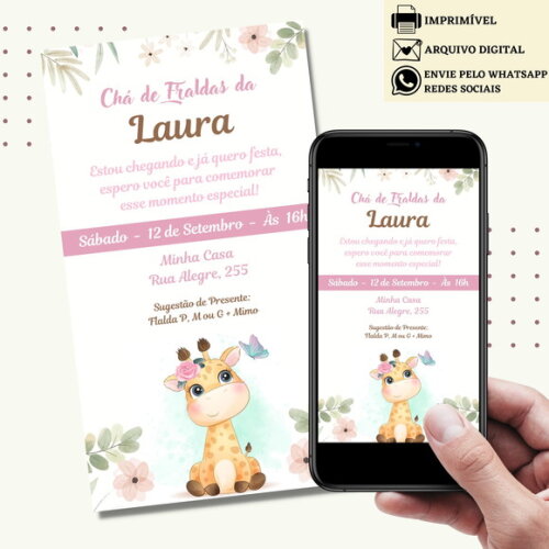 Convite Chá de Bebê Fraldas Girafa Girafinha Digital