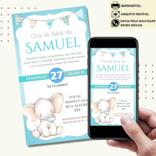 Convite Chá de Bebê Fraldas Elefantinho Revelação Digital