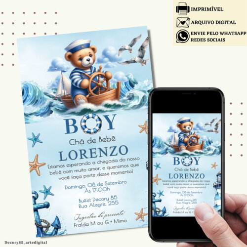 Convite Chá de Bebê Fraldas Ursinho Marinheiro Digital