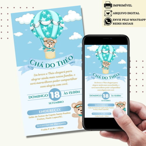 Convite Chá de Bebê Fraldas Ursinho Balão Revelação Digital