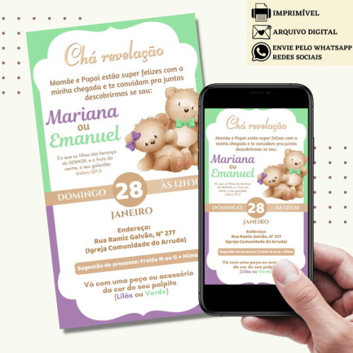 Convite Chá de Bebê Fraldas Revelação Ursinhos Digital