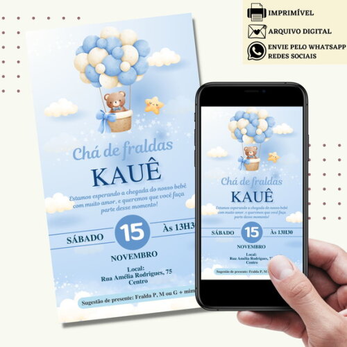 Convite Chá de Bebê Fraldas Ursinho Balão Azul Digital