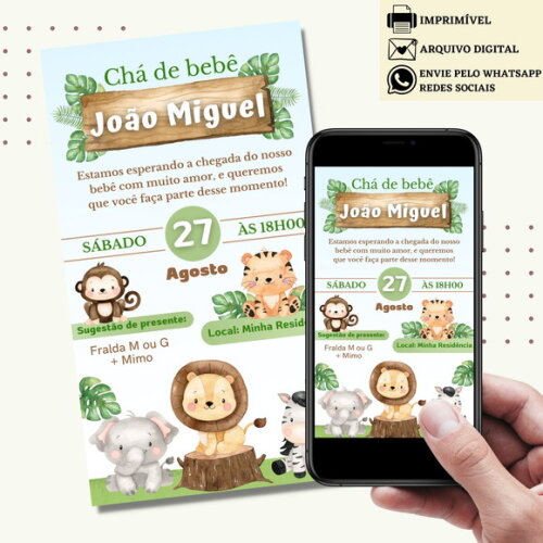Convite Chá de Bebê Safari Chá de Fraldas Revelação Digital