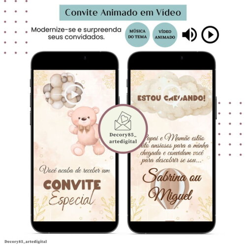 Convite Chá Revelação Ursos em Vídeo Animado Música Digital