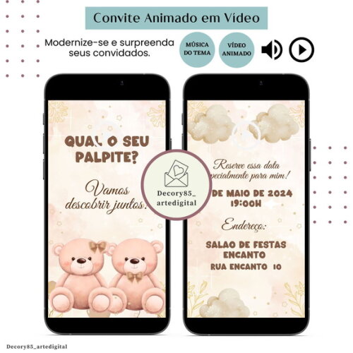 Convite Chá Revelação Ursos em Vídeo Animado Música Digital