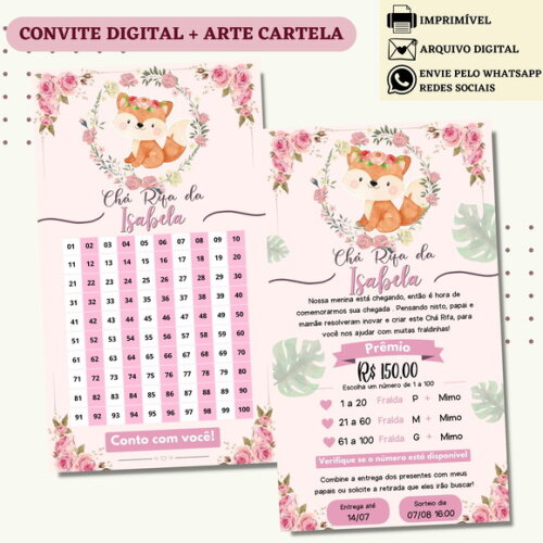 Convite Chá Rifa Bosque Chá Bebê Fralda Digital + Cartela
