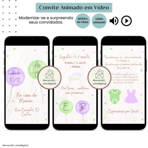 Convite Chá Revelação Ursos em Vídeo Animado Música Digital