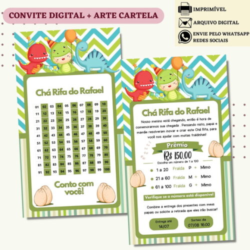 Convite Chá Rifa Dino Baby Chá Bebê Fralda Digital + Cartela