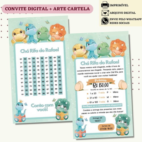 Convite Chá Rifa Dino Baby Chá Bebê Fralda Digital + Cartela