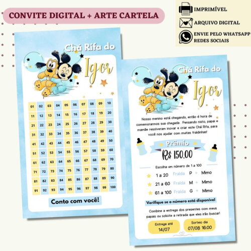Convite Chá Rifa Mickey Chá Bebê Fralda Digital + Cartela