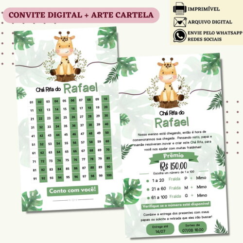 Convite Chá Rifa Girafinha Chá Bebê Fralda Digital + Cartela