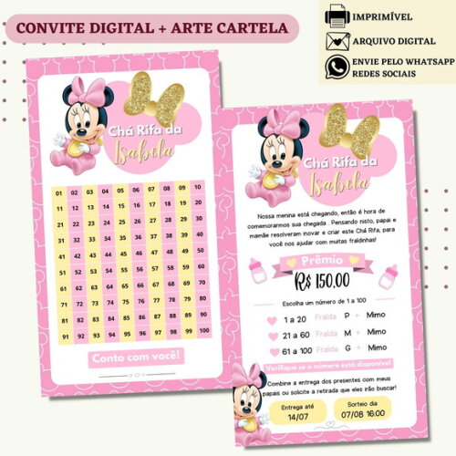 Convite Chá Rifa Minnie Chá Bebê Fralda Digital + Cartela