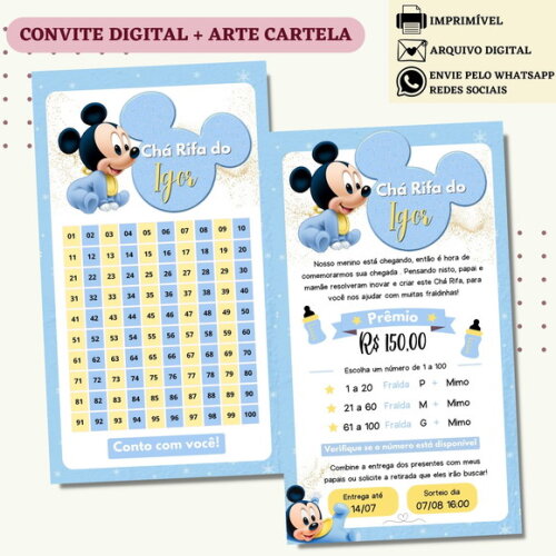 Convite Chá Rifa Mickey Chá Bebê Fralda Digital + Cartela