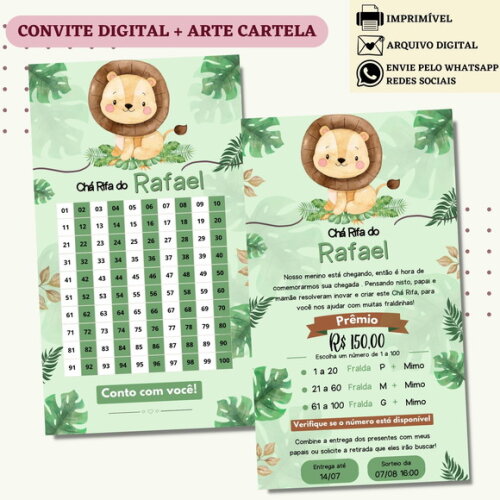 Convite Chá Rifa Leãozinho Chá Bebê Fralda Digital + Cartela
