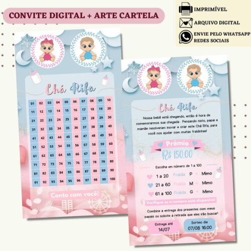 Convite Chá Rifa Revelação Chá Bebê Fralda Digital + Cartela