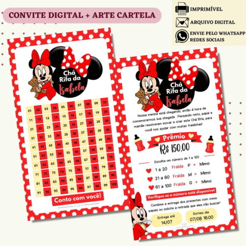 Convite Chá Rifa Minnie Chá Bebê Fralda Digital + Cartela