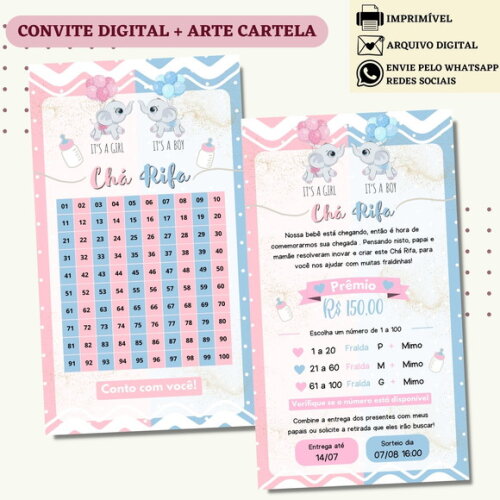 Convite Chá Rifa Revelação Chá Bebê Fralda Digital + Cartela