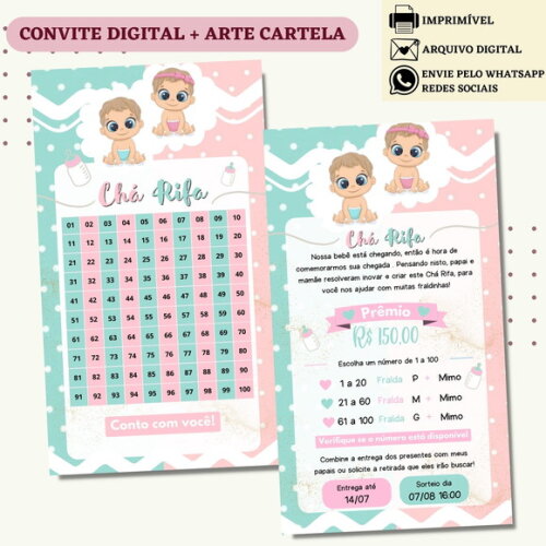 Convite Chá Rifa Revelação Chá Bebê Fralda Digital + Cartela