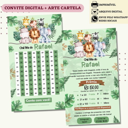 Convite Chá Rifa Safari Chá Bebê Fralda Digital + Cartela